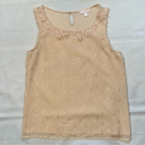 Tank Top Lauren Conrad Floral Crochet Lace Trim Metallic Gold‎ Print Sz L EUC - Picture 3 of 13